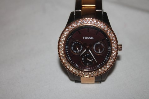 Fossil Watch ES2955, Brown & Rose Gold Tone, Stainless Steel, Day Date, 5 ATM 5